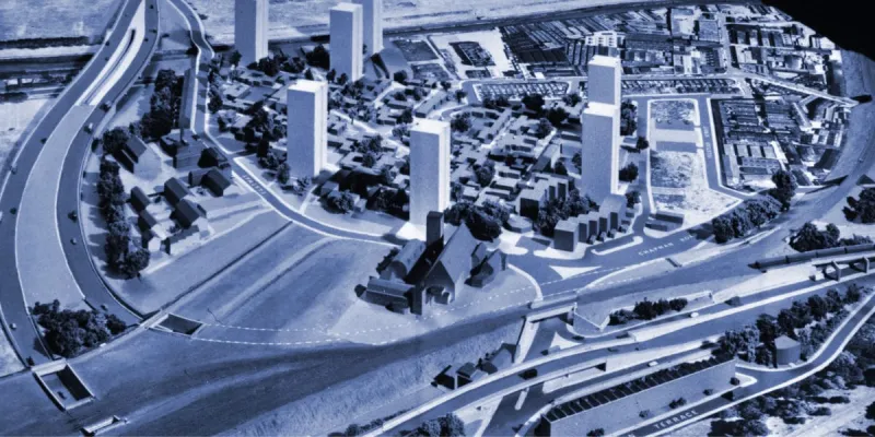 An architectural model of the first phase of Hackney Wick Interchange. The road leading away to the top left has provision for Eastern Avenue Extension and space for the M11 to be built above on an upper deck. Click to enlarge