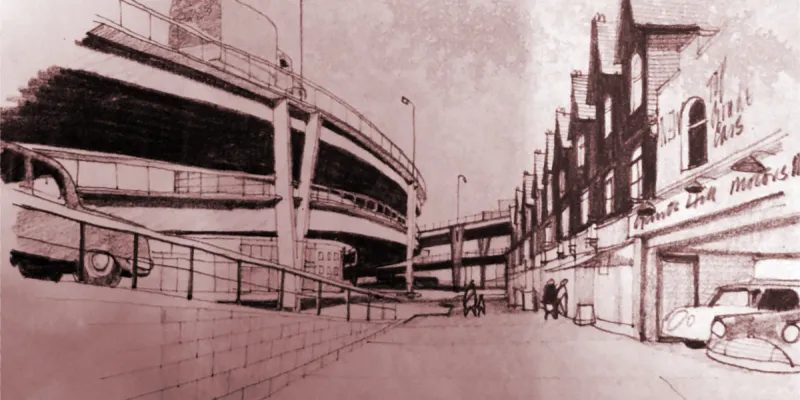 An artists' impression of the double-deck Y-shaped flyover at Gants Hill, seen from the A1400 Woodford Avenue. Click to enlarge