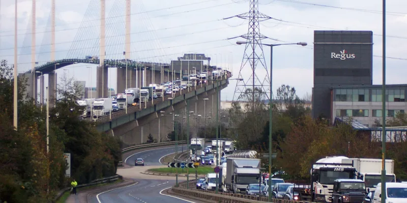 The Queen Elizabeth II Bridge at Dartford, opened in 1991, conspicuously not solving all the crossing's traffic problems. Click to enlarge