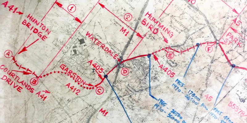 A 1972 sketch plan of improvements to the A405 North Orbital between Watford and St Albans. Click to enlarge