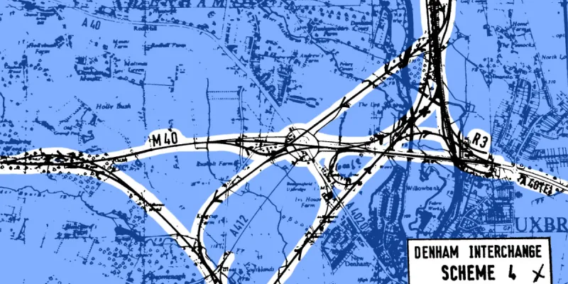 Unorthodox to the point of being silly: Scheme 4 appears to have been an attempt to fill the whole of the countryside around Denham with sliproads. Click to see the full layout