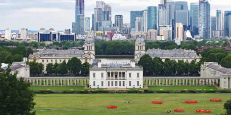 The Queen's House seen from Greenwich Observatory. The bypass would have run through the park in the foreground; from 1967 it was in shallow tunnel. Click to enlarge