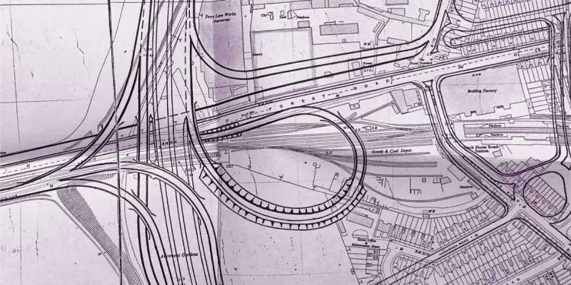 The unfathomable Forest Road Interchange, as designed for the M11. Click to enlarge