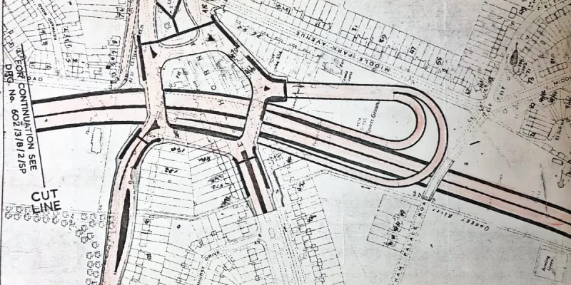 Plan of the junction that would have wiped out the Yorkshire Grey. The pub is visible in the middle of the roundabout. Click to enlarge