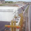 The centre pier of the bridge after the north beam had been erected and the bearings for the south beam were in place. Photograph taken May 1998.