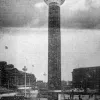 The "central lighting pylon" at the Liverpool tunnel entrance. In the background the familiar shapes of the Liverpool Museum and Art Gallery can be made out. This structure was sadly dismantled in the 1960s, but its counterpart in Birkenhead is still standing.