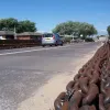 Between the toll plaza and slipway, the road is fenced and bordered by these chains, which presumably did several decades of service under the water before finding a new role as kerbing.