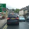 At Rhyader itself we part ways from the A44 again; the crossroads in the town centre is the cause of a few minutes' delay and is laid out very, very oddly. Two major roads intersect here and the only one with priority is the A44 from the left. In our direction, we must Give Way; the B-road from the right is also asked to Give Way, and the A470 from the other direction is instructed to STOP. Who gets to set off first is, really, to be negotiated by the drivers.