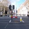 Looking across the junction, it's clear that the reallocated roadspace on Exhibition Road means that pedestrians, who are on the left hand side of the picture, actually have a wider crossing of the A4 than motor vehicles do, on the right.