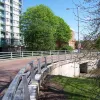 The other loop, on the south side of the motorway, has a better alignment with a smooth, continuous curve, and no strange junctions part way around it. It's slightly elevated above ground level on retaining walls.