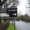 Not far from the previous sign, this one is on the A4008 Oxhey Lane approaching the A410. No, it's not an old sign — in fact it's quite new — but its wording is bizarre. The reason is that in the very early 1960s a route was signposted through this part of London to connect the M1 with Heathrow (then called London Airport). This sign is a straight copy of one of those, without bothering to update the wording.  Photo by Laurie Akehurst