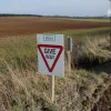 Moving away from the A1, a few yards east of the footbridge, these little things start appearing: notices for works vehicles, put there by the contractor ready for the start of construction work on the next section of A1(M) which will replace the Micklefield bypass.