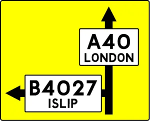 A sign conforming to the 1957 traffic sign regulations, with only one destination per arm and very large road numbers. Click to enlarge