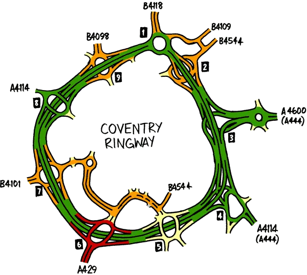 The route of the Coventry Ring Road. Click to enlarge