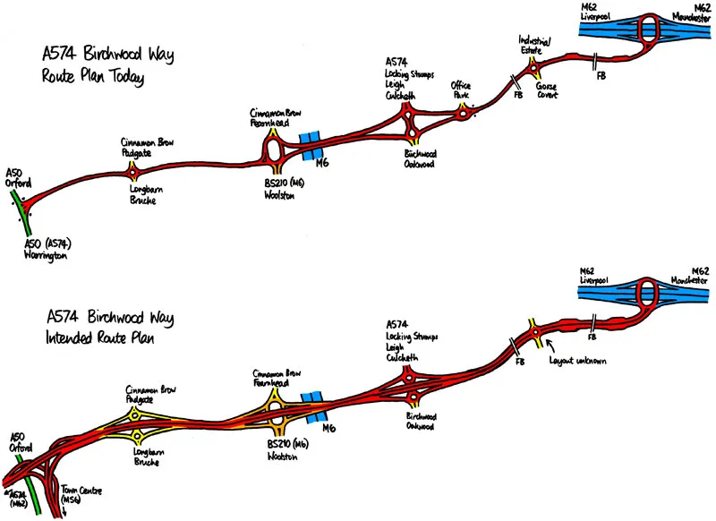Diagrams showing Birchwood Way as planned and as built. Click to enlarge
