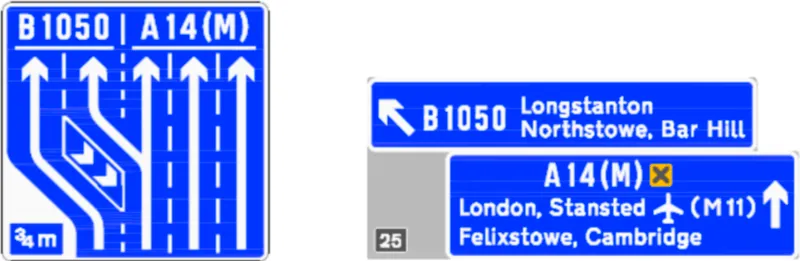 Examples of blue signs for the A14(M), produced by Highways England to illustrate the proposal