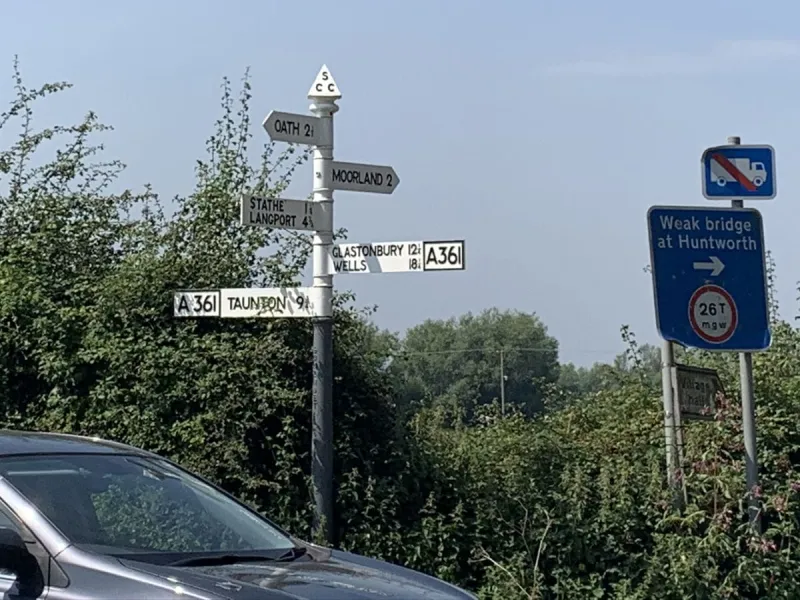 Taken on the opposite side of the A361 from the last picture, this is a second well-preserved fingerpost. Crossing the A361 was not fun on foot!