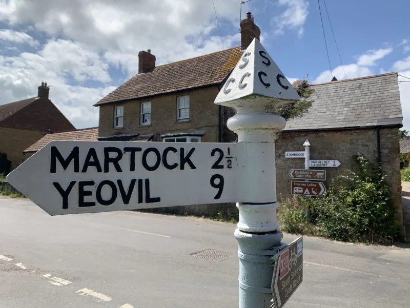 A few miles to the south in Kingsbury Episcopi, however, this one looks beautiful in the sunshine! Note here the stunning example of the pyramid on the top with 'SCC' written on it - Somerset County Council. A second well-preserved fingerpost is visible just behind it.