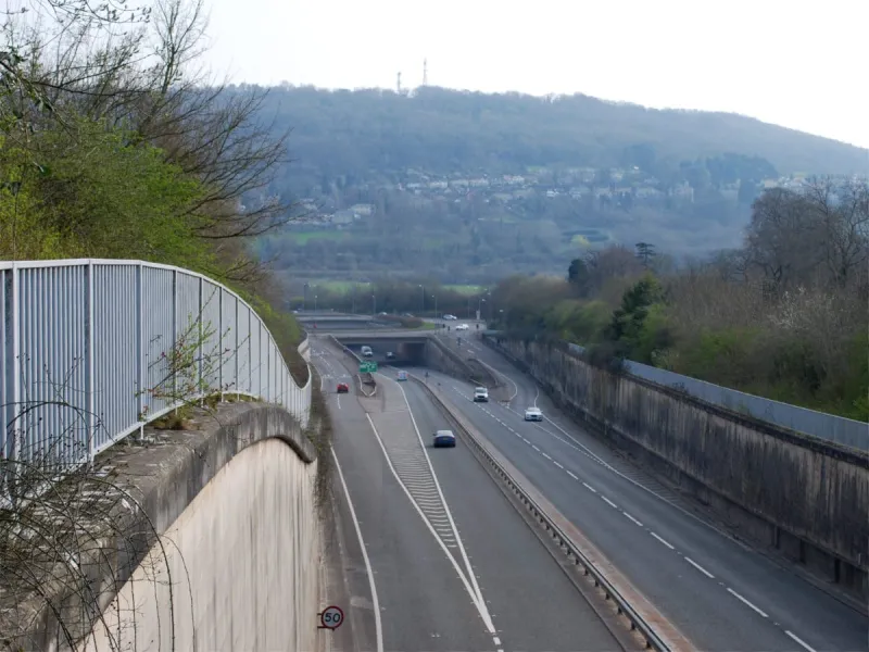 The view from the tunnel of the A4 interchange and Bathampton Down. Click to enlarge