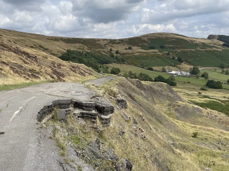 The former A625 at Mam Tor today, slowly breaking up and falling down the hillside. Click to enlarge