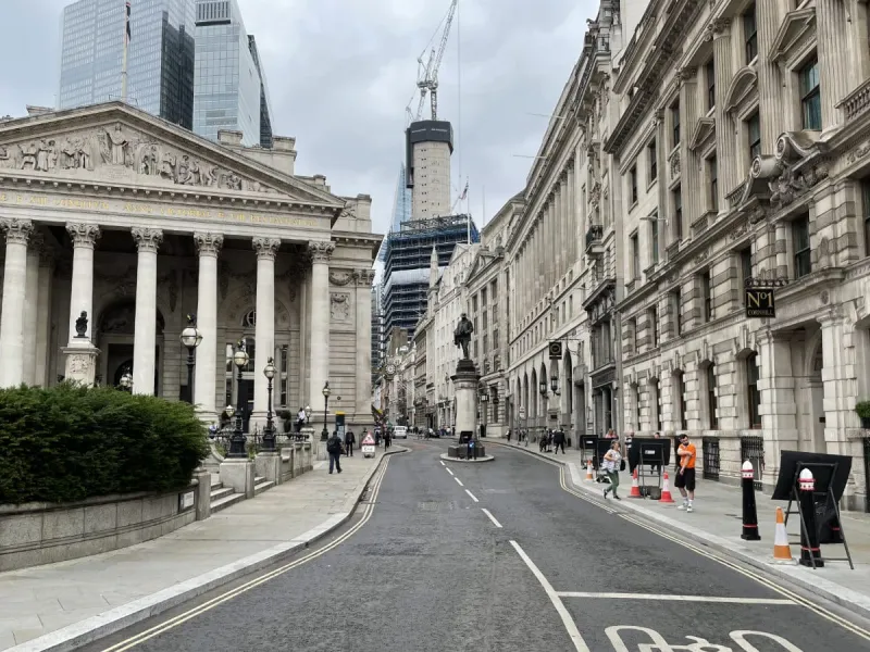 On the other side of the Royal Exchange's classical columns is Cornhill, the street that used to be the A11. Click to enlarge