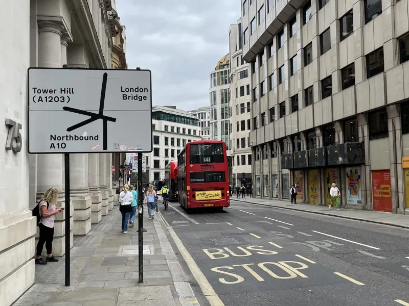 There are now no direction signs at Bank, because it's closed to general traffic, but if we stroll down King William Street we find some road numbers. This is the junction where the A4 used to end, on the right. Now the A3 and A10 meet here, though only A10 is signposted. Click to enlarge