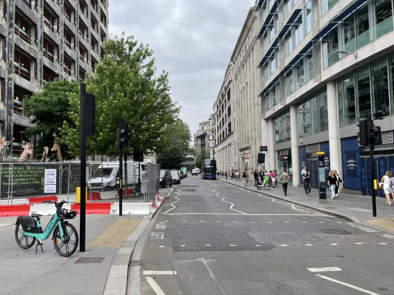 A short walk west brings us to St Paul's tube station, and this view, which looks north up St Martin's Le Grand. This was the start of the A1 for many years, though it's now part of a gyratory that is all classified A40. Click to enlarge