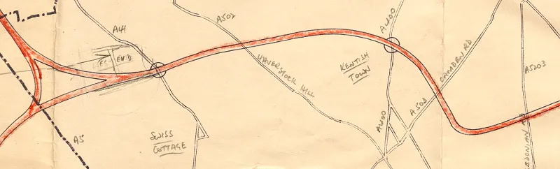 An early London County Council draft plan, from 1963-4, showing the North Cross Route taking an indirect line via Gospel Oak. Click to enlarge